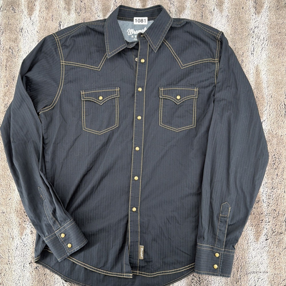 Wrangler Retro Mens L Shirt Black Pearl Snap Western Rodeo Cowboy Ranch Pockets